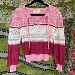 Vintage 80's Ricki Pink/ White Colorblock Pointelle Knit Sweater Size Small